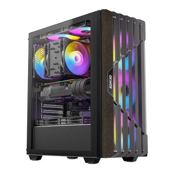 OKINOS CAO-CYP5ARGB Cypress P5 ARGB Oak Wood Trim ATX, 4x120mm ARGB Non-PWM Fans Pre-Installed,Type-C,Tempered Glass Side Panel,Black Mid-Tower Case - Image 1