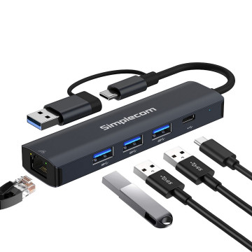 Simplecom CHN436 USB-C and USB-A to 4-Port USB HUB with Gigabit Ethernet Adapter - Image 1