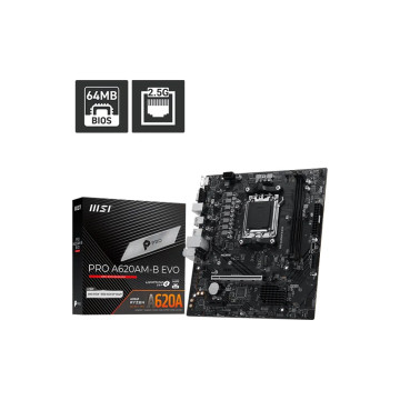 MSI PRO A620AM-B EVO ATX Motherboard, AM5, AMD A620A, 2xDDR5 128GB, PCIe4.0 x16, 1xM.2, 2xSATA, HDMI/VGA, 2.5G LAN, ATX - Image 1