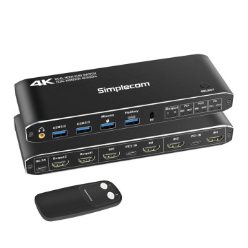 Simplecom KM430 Dual HDMI Monitor KVM Switch for 2 Computers with 4-Port USB Hub 4K@60Hz Keyboard Hotkey - Image 1