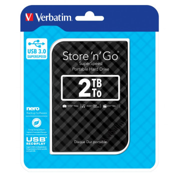 Verbatim 53195 2TB 2.5' USB 3.0 Black Store'n'Go HDD Grid Design, Ultra Portable, High Speed & Capacity. Backup and Store + Nero Backup Software - Image 1