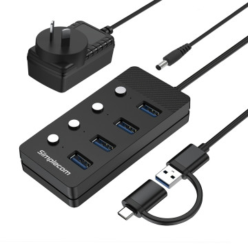 Simplecom CH345C SuperSpeed USB-A and USB-C to 4-Port USB 3.0 Hub 5Gbps Individual Switches and Power Adapter - Image 1