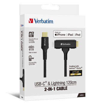 Verbatim 66974 2-in-1 Cable Type C to C & Lightning Kevlar Slide 120cm -BLK - Image 1