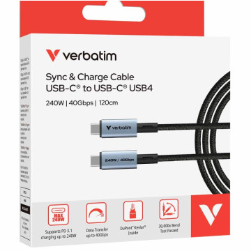 Verbatim 31847 Sync & Charge USB-C to USB-C USB4 Cable, 240W PD 3.1, 40Gbps data transfer, Kevlar core, 30,000 bend tested, 120cm - Image 1