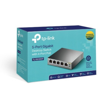 TP-LINK TL-SG1005P (CH) 5-Port Gigabit Desktop Switch with 4-Port PoE, 5 Gigabit RJ45 ports including 4 PoE ports, 56W PoE Power supply, steel case - Image 1