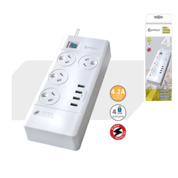 Generic PAD-4044C Sansai 4 Outlets & 4 USB Outlets Surge Protected Powerboard Master On/Off switch 1M lead & Right angle plug 230-240VAC IV Retail box - Image 1