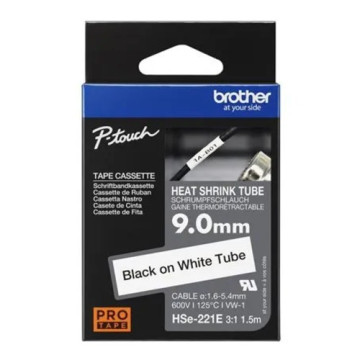 Brother HSE-221E 9.0MM BLACK ON WHITE HEAT SHRINK TUBE CATRIDGE 3:1 (compatible with PT-E300VP/E550WVP/D800W/P750W/P900W/P950NW) - Image 1