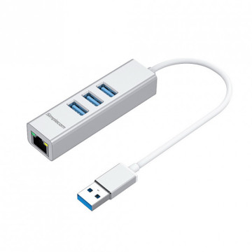 Simplecom CHN420-SILVER CHN420 Silver Aluminium 3 Port SuperSpeed USB HUB with Gigabit Ethernet Adapter - Image 1