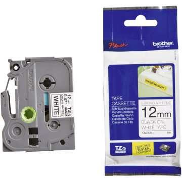Brother TZE-S231 12mm Black on White Strong Adhesive TZE Tape - Image 1