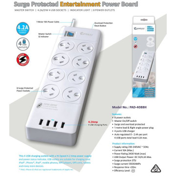 Generic PAD-4088H Sansai 8 Outlets & 4 USB Outlets Surge Protected Powerboard Master On/Off switch 1M lead & Right angle plug 230-240VAC IV Retail box - Image 1
