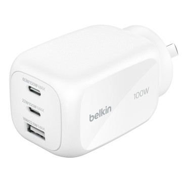 Belkin WCH016AUWH BOOSTCHARGE PRO 3-PORT GAN WALL CHARGER 100W, WHITE - Image 1