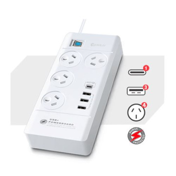 Generic PAD-8044 Sansai 4 Outlet 3xUSB-A & 1xUSB-C Powerboard Master On/Off switch Surge and overload protected Fast charging 1M 20W 220-240V 10A IV Retail box - Image 1
