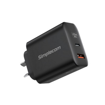 Simplecom CU265 Dual Port PD 65W GaN Fast Wall Charger USB-C + USB-A for Phone Laptop - Image 1