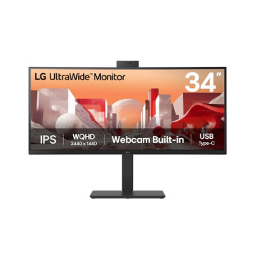 LG 34BA85QE-B 34' UltraWide QHD Curved IPS 60Hz Monitor, 3440x1440, sRGB 99%, HDR10, Full HD Webcam/Mic/Speakers, USB-C 90W PD, RJ45, Adj Tilt/Height/Swivel