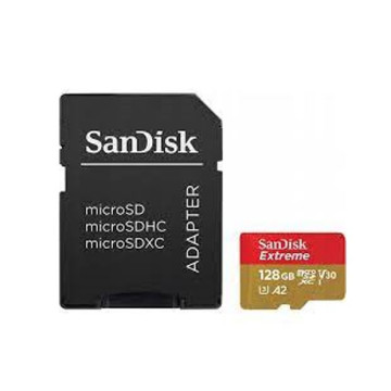 Sandisk SDSQXAA-128G-GN6AA Extreme microSDXC, SQXAA 128GB, V30, U3, C10, A2, UHS-I, 190MB/s R, 90MB/s W, 4x6, SD adaptor, Lifetime Limited, Action Cam (EOL) - Image 1