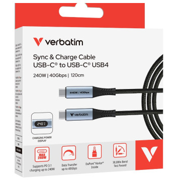 Verbatim 31849 Sync & Charge USB-C to USB-C USB4 Cable, 240W PD 3.1, 40Gbps data, LED power display, Kevlar core, 30,000 bend tested, 120cm - Image 1