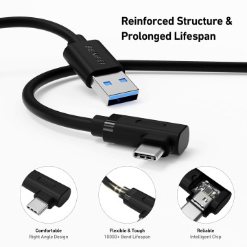 BENFEI 6971785943506 000375BK-5M USB 3.0 to Right Angled USB-C Cable for VR Headset, Support Fast Charging Data Sync, Durable PVC Black 4.8M (16ft) - Image 1