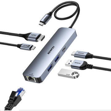 BENFEI B0DC73445L 000379GY 6-in-1 USB C Hub with 4K HDMI / 2 x USB-A / USB-C 5Gbps Data / 100W PD / Gigabit RJ45 for I-phone15/16 / Mac /PC - Image 1