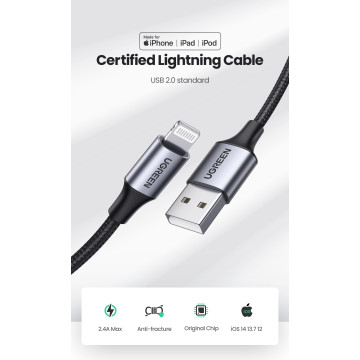 UGREEN 6957303861583 60158 Lightning to USB Cable Alu Case with Braided 2m (Black) - Image 1