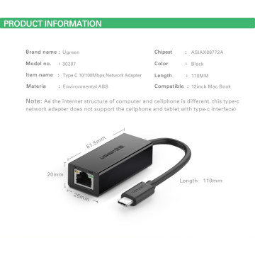 UGREEN 6957303832873 30287 Type C 10/100Mbps Ethernet Adapter 110mm (Black) - Image 1