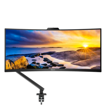 Philips 34E1C5600HE Mount Up! Bundle. 34" UWQHD 100Hz UltraWide Curved Monitor, 5MP Webcam & Ergonomic Arm - Image 1