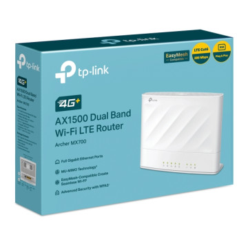TP-LINK ARCHER MX700 4G+ AX1500 Dual Band Wi-Fi LTE Router with Cat6 300 Mbps 4G+, AX1500 dual-band, nano SIM, 1×WAN/LAN + 3×LAN, and external antenna - Image 1
