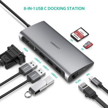 UGREEN 6957303855391 50539 USB Type C 8 in 1 Multifultion adaptor VGA/RJ45/USB3.0 x 3/SD/TF/TypeC PD Protocal - Image 1