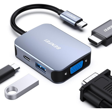 BENFEI B0CJPR27KX 000310GY USB-C 4in1 HUB - USB-C to HDMI / VGA / USB3.0 / USB-C PD Adapter Compatible with MacBook / Surface Book / Pixelbook - Image 1
