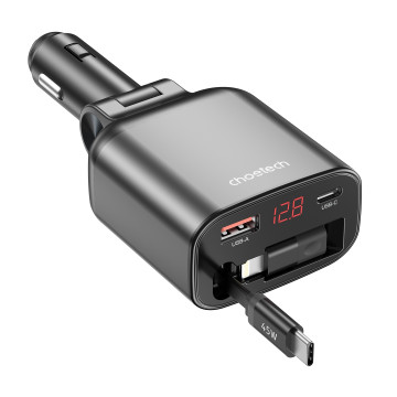 Choetech 6932112110602 TC0033 105W USB-C+USB-A Fast car charger with Stretchable USB-C + Lightning cables - Image 1