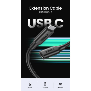 UGREEN 6957303813872 10387 USB-C PD100W / Thunderbolt3 Male to Female Extension Cable 1m (Black) - Image 1