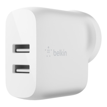Belkin WCB002AUWH BoostCharge Dual USB-A Wall Charger 24W - White , 2xUSB-A (12W), 24W/4.8 amps, CEW $2500, 2 Years Warranty - Image 1