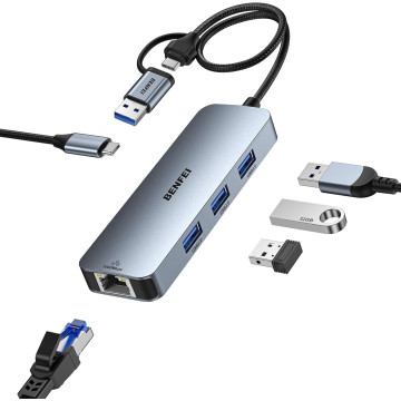 BENFEI 6971785943582 000386GY USB-C + USB 3.0 to Gigabit RJ45 + 3 Port USB 3.0 Hub Compatible with Mac - Image 1
