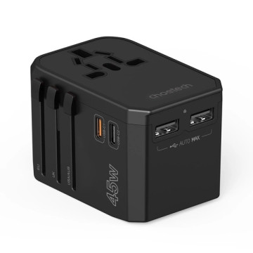 Choetech 6932112106209 PD6045 GaN Tech 2C+2A 45W Travel Adapter with US EU UK AU Plugs - Black - Image 1