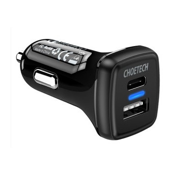 Choetech 6971824970517 TC0005 36W USB-C PD USB 3.0 Dual Port Fast Car Charger QC 3.0 Black - Image 1