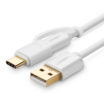 UGREEN 6957303831715 30171 USB 2.0 Type A Male to Micro USB & Type-C Cable White 1M - Image 1