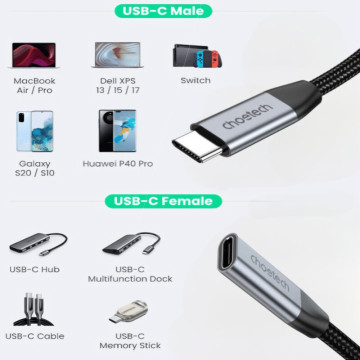 Choetech 6932112109064 XCC-1039 240W USB-C Extension Cable 10Gbps PD Fast Charging 2M Black - Image 1