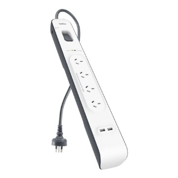 Belkin BSV401AU2M SurgePlus 4-Outlet Surge Protector With Dual USB Port 2.4 Amp-White,Heavy Duty 2M Power Cord,525 Joules,$20000 CEW,2 Years Warranty - Image 1