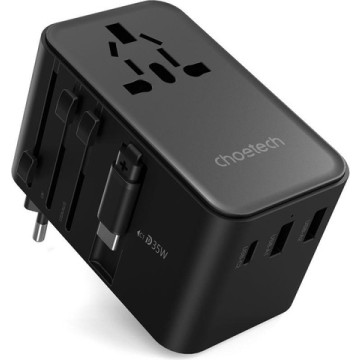 Choetech 6932112106872 PD5020 35W EU/US/AUS/UK Travel Adapter with Built-in USB-C Cable - Black - Image 1