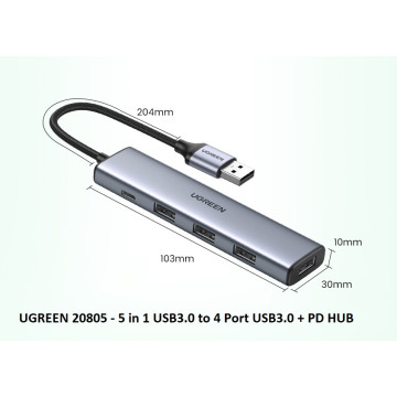 UGREEN 6957303828050 20805 USB 3.0 A 4 Ports HUB With USB-C Power Port - Image 1