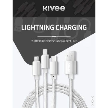 KIVEE 6971239570906 CH061 USB-A to Multi Charger Cable 3 in 1 Nylon Braided 1.2M Silver - Image 1
