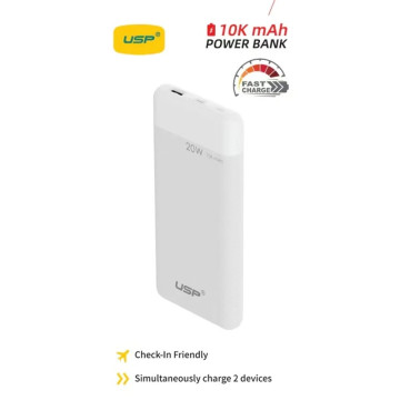 USP 6976552043762 10K mAh Power Bank White - 20W Fast Charge, 1x USB-C, 1x USB-A, Built-in Electricity Indicator Light, Fire-Resistant, 2 Years Warranty - Image 1