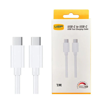 USP 6972475750596 60W USB-C to USB-C Mini Cable (1M) White - 3A , Fast Charge, High Performance, Samsung Galaxy,Apple iPhone,iPad,MacBook,Google, 5 Years Warranty - Image 1