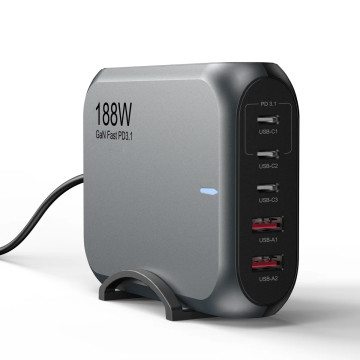 USP 6976552041621 188W GaN 5 Ports USB-C PD Laptop Wall Charger Black - 3x USB-C, 2x USB-A, Efficiently, High Quality, Tablet, Laptop, iPhone, 5 Years Warranty - Image 1