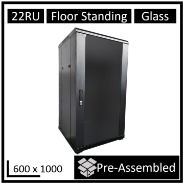 LDR WB-NC602215B Assembled 22U Server Rack Cabinet (L600mm x W1000mm x H1070mm), Glass Door,1x 8-Port PDU, 1x 4-Way Fan, 2x Fixed Shelves -Black Metal Construction - Image 1