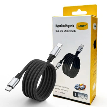 USP 6976552044424 Braided HyperLink USB-C to USB-C (1M) Magnetic Cable - Black, Charge & Connect,Digital Display,140W PD, 5 Years Warranty - Image 1