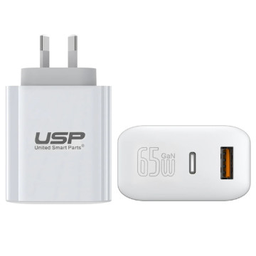 USP 6972890207996 65W Dual Port GaN Fast Wall Charger - White, 1xUSB-C(65W PD), 1xUSB-A(18W QC 3.0), Intelligent PPS Technology, 5 Years Warranty - Image 1