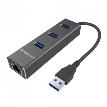Simplecom CHN410-BLACK CHN410 Black Aluminium 3 Port USB 3.0 HUB with Gigabit Ethernet Adapter 1000Mbps for PC MAC - Image 1