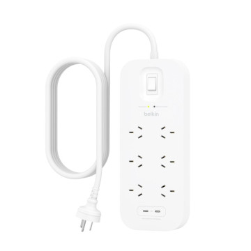 Belkin SRB006AU2M SurgePro 6-Outlet Surge Protector With Dual USB-C (30W) - White, 2M Power Cord, 650 Joules, $50,000 CEW, 2 Years Warranty - Image 1
