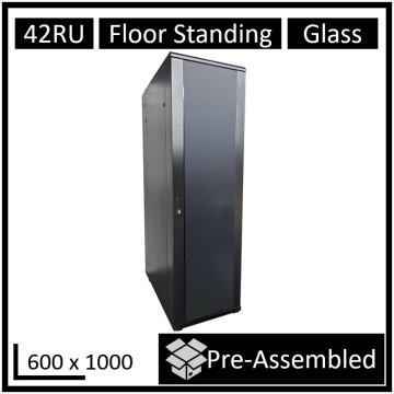 LDR WB-NC604215B Assembled 42U Server Rack Cabinet (600mm x 1000mm) Glass Door, 1x 8-Port PDU, 1x 4-Way Fan, 2x Fixed Shelves - Black Metal Construction - Image 1