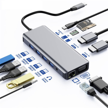 Astrotek AT-USBCDOCK12 USB-C Dock 12-in-1 Multiport Hub/Docking Station with 100W Power 2xHDMI 4K VGA GLAN 2xUSB3.0 2xUSB2.0 Card Reader for HP Lenovo Asus MacBook - Image 1